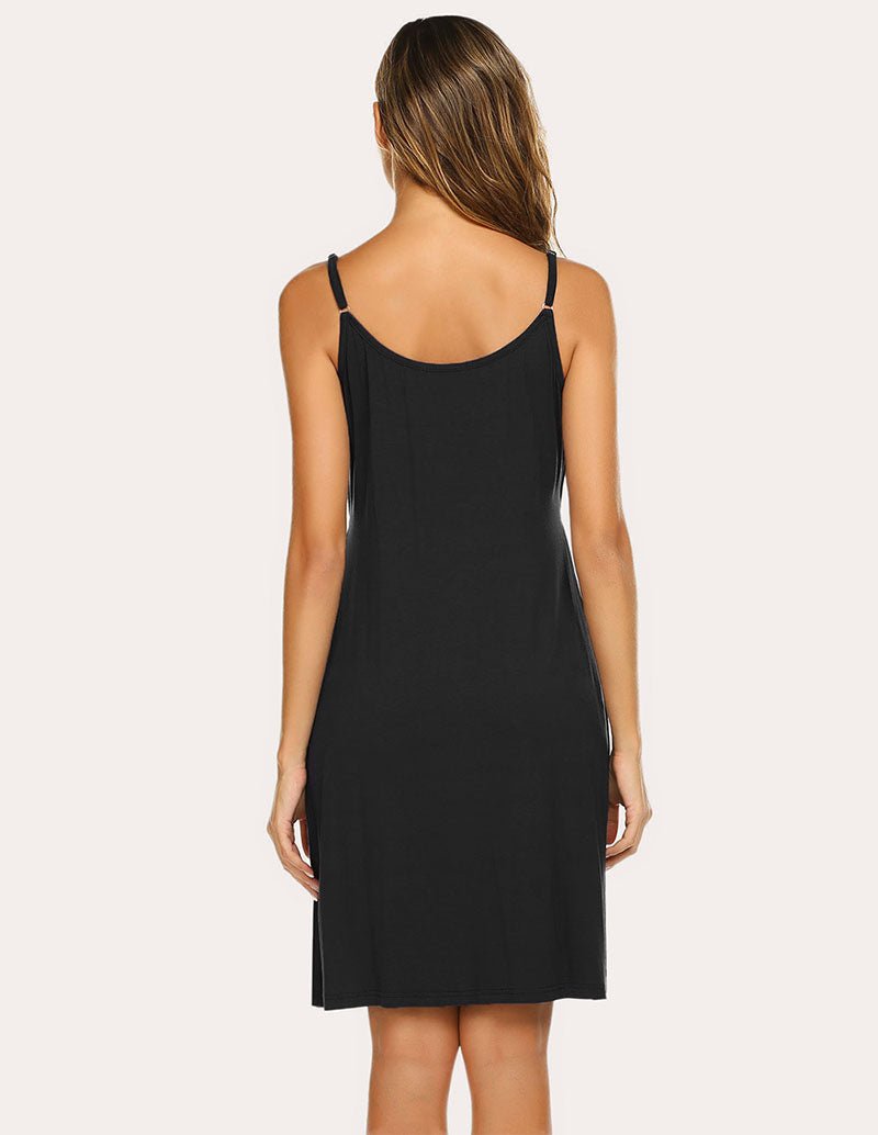 Black maternity nursing nightdress, back view, spaghetti straps and straight skirt