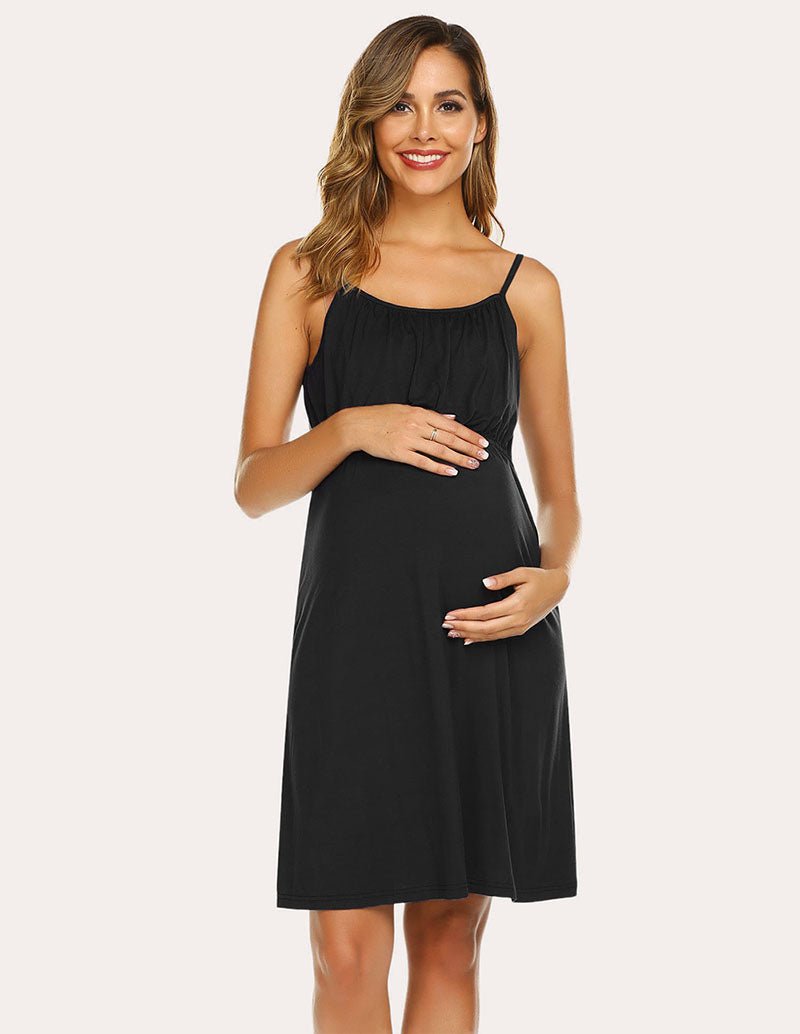 Black maternity nursing nightdress with adjustable-looking spaghetti straps and side drape