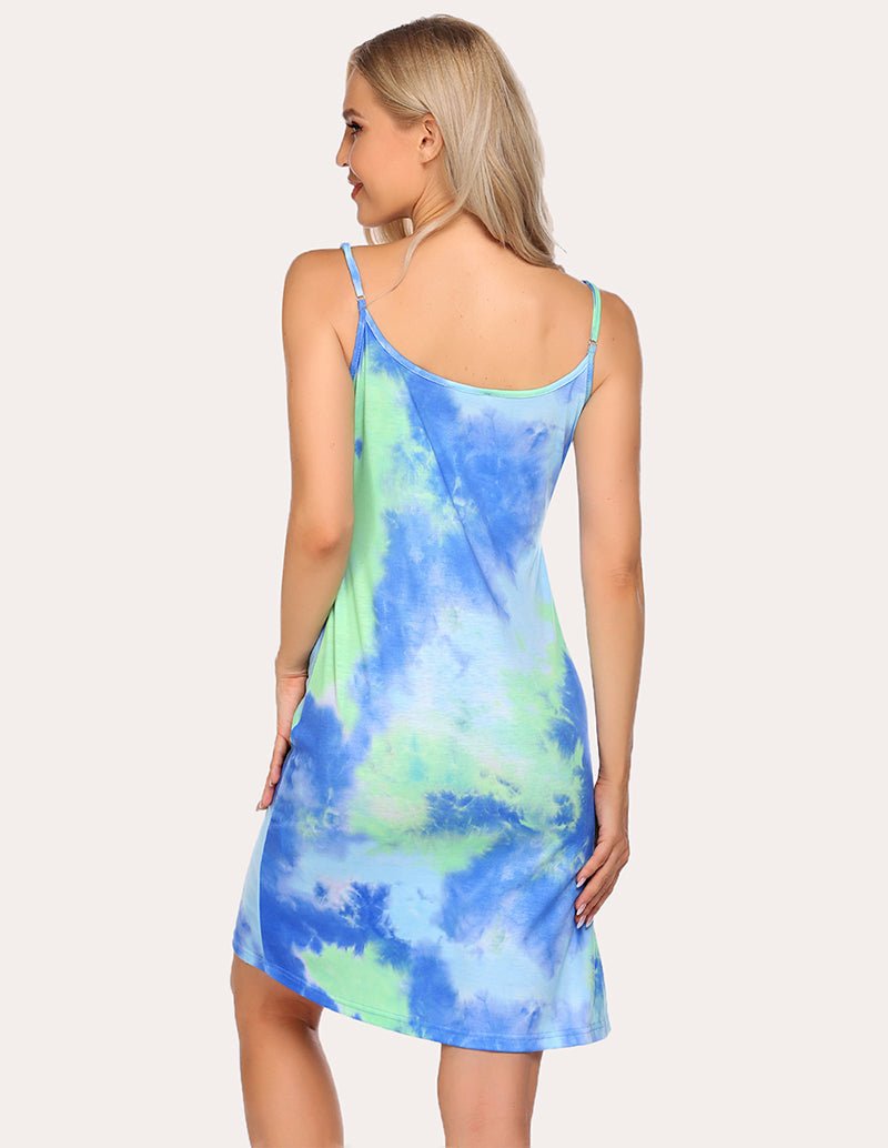 Maternity nightdress tie-dye blue-green, racerback-style straps, sleeveless above-knee length
