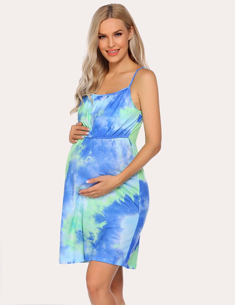 Maternity nightdress tie-dye blue-green, sleeveless with elastic waist seam, above-knee length