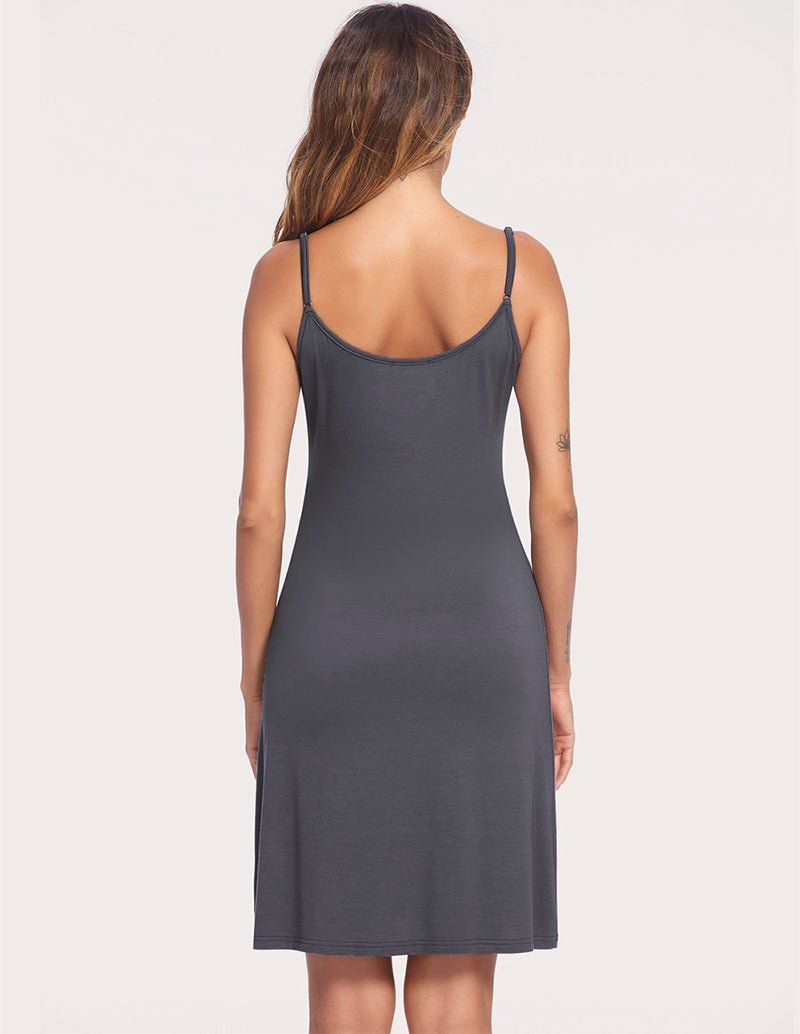 Dark grey maternity nursing nightdress, back view, spaghetti straps and long skirt