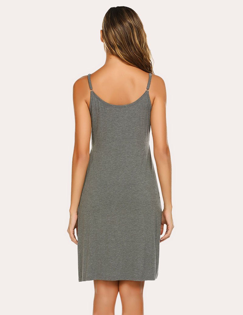 Maternity breastfeeding nightdress in grey, scoop back with spaghetti straps