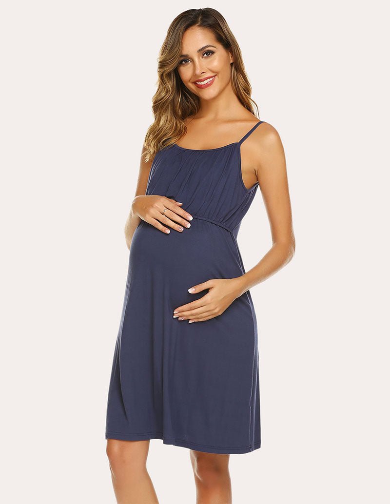 Maternity breastfeeding nightdress in navy, front gathered bust and knee-length hem