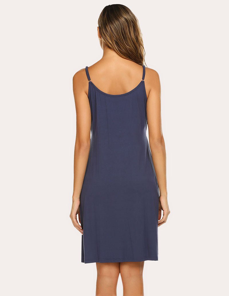 Maternity breastfeeding nightdress in navy, scooped back with spaghetti straps