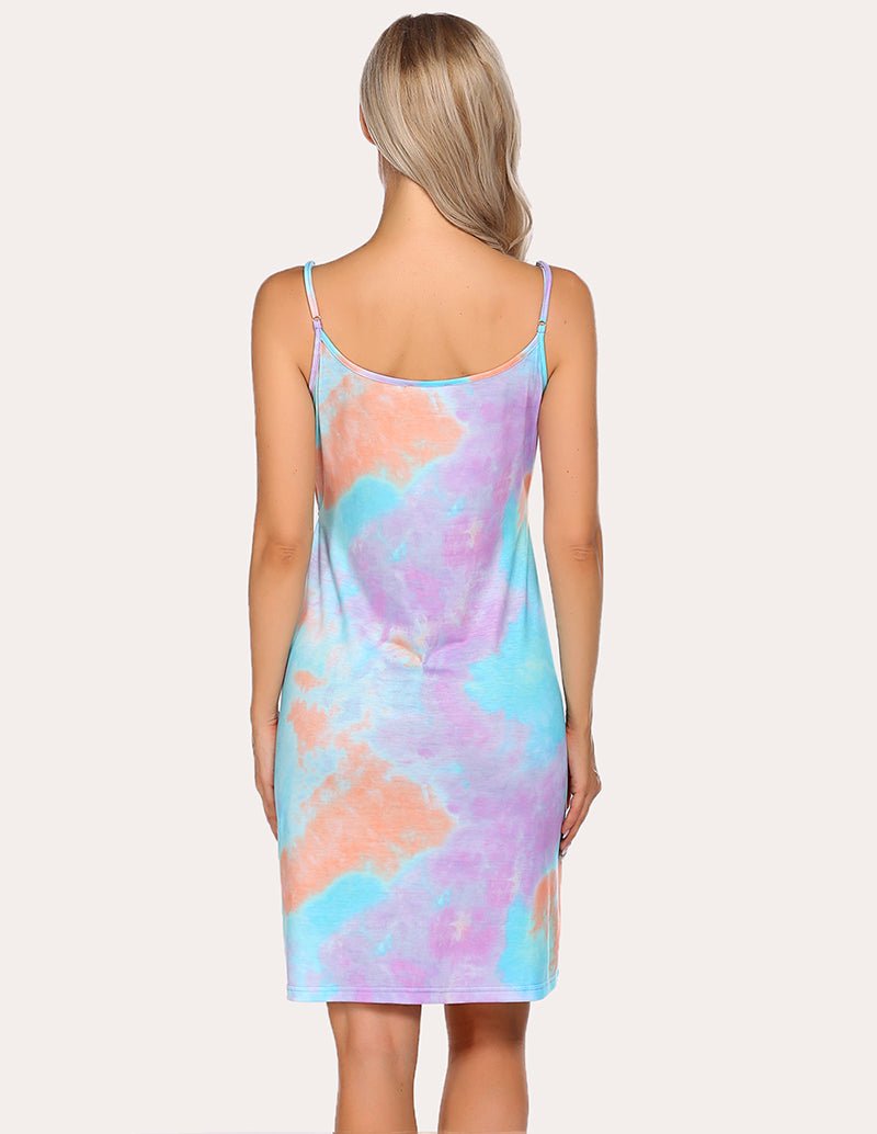 Maternity nightdress tie-dye pastel pink-blue, open-back view with thin straps, above-knee length