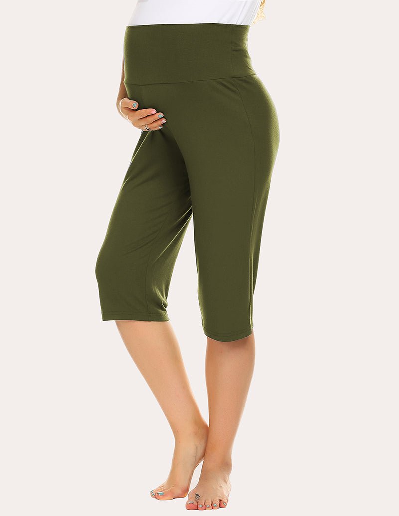 Maternity capri pants, dark green pull-on style with elastic waistband and knee-length legs