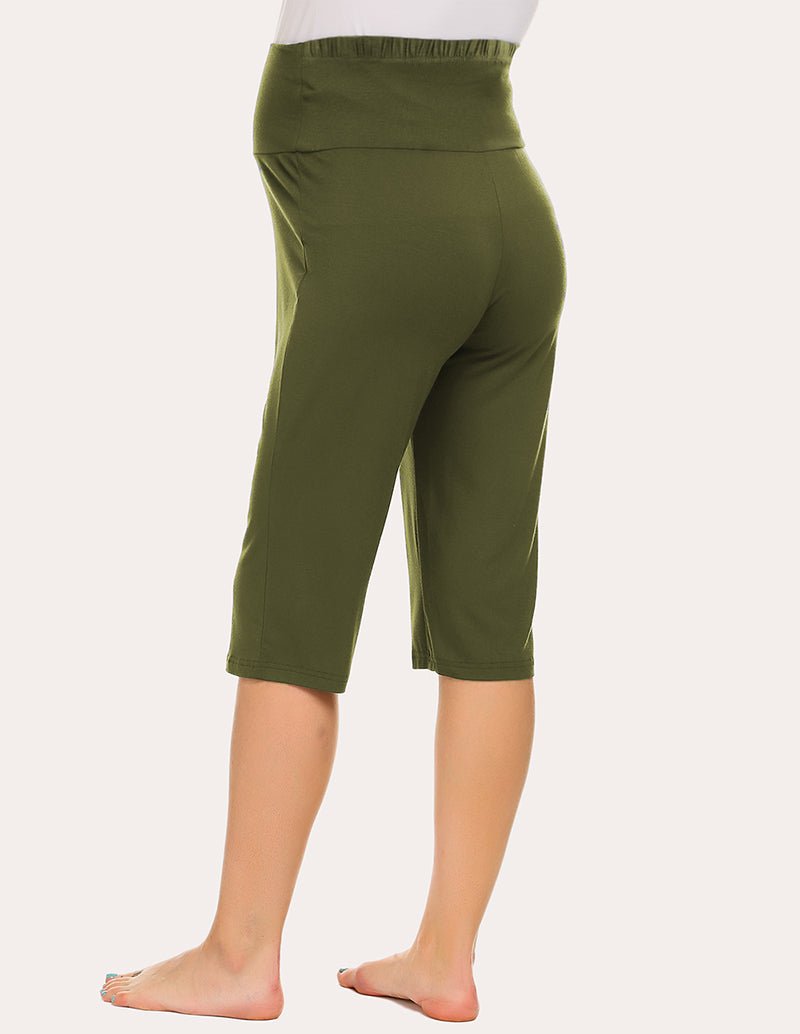 Maternity capri pants in army green, back view with elastic waist and tapered knee-length hem.