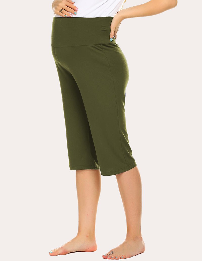 Maternity capri pants, army green, side view with elastic waistband and straight leg.