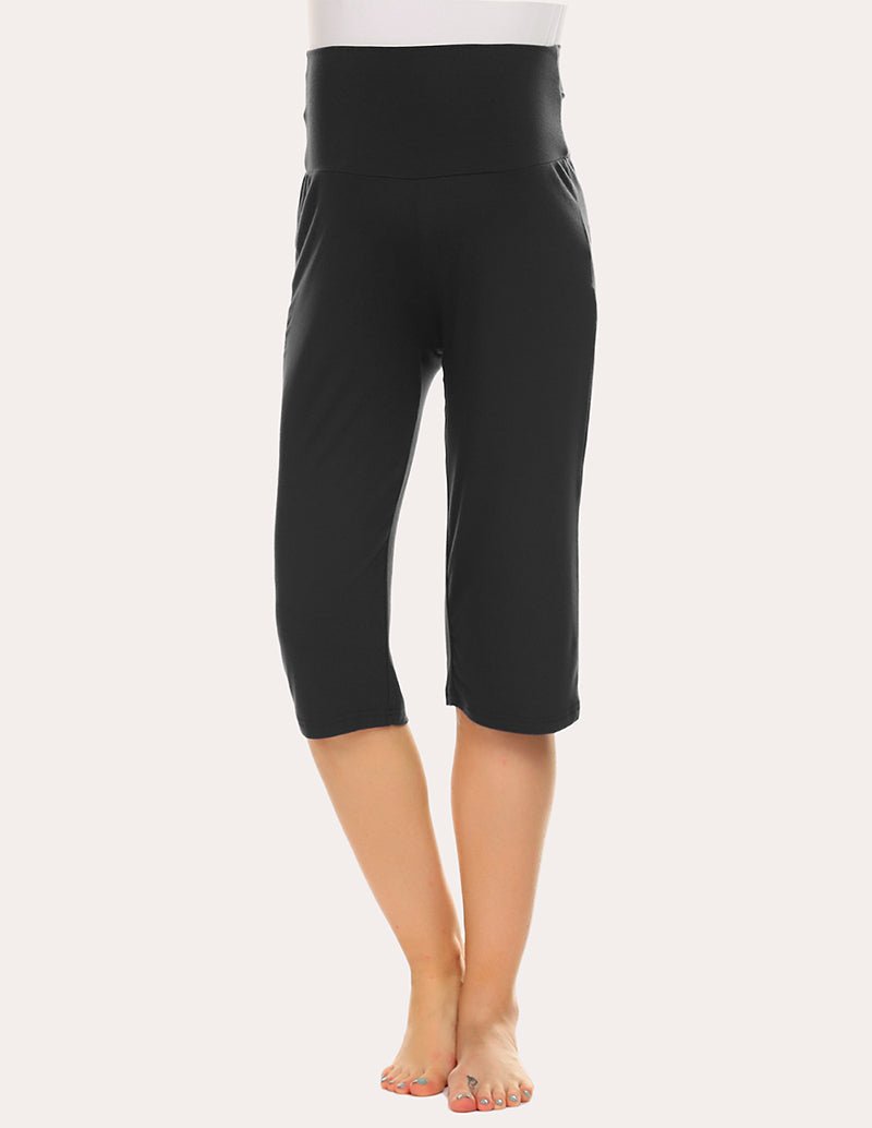 Maternity capri pants in black with elastic waistband and straight cropped fit