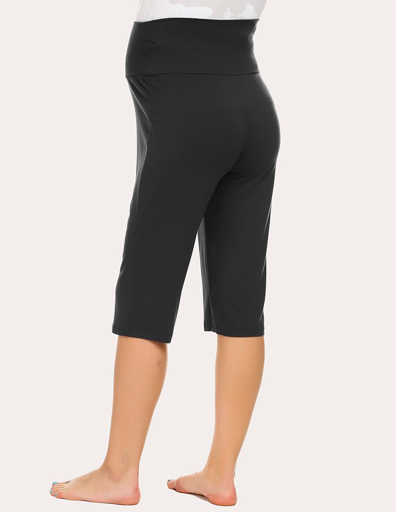 Maternity capri pants in black, pull-on elastic waist with straight ankle-length legs