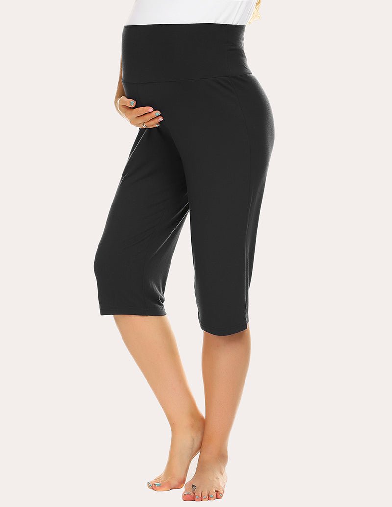 Maternity capri pants in black with elastic waistband and straight cropped leg