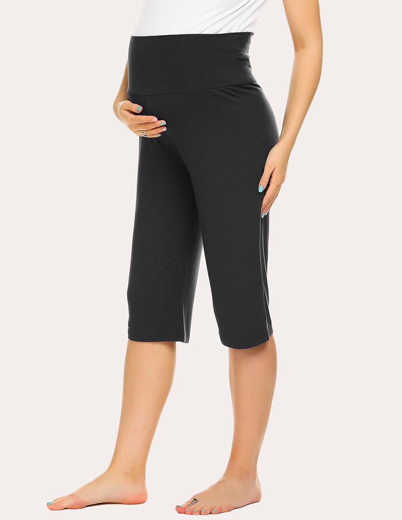 Maternity capri pants in black with elastic waistband and relaxed straight capri legs