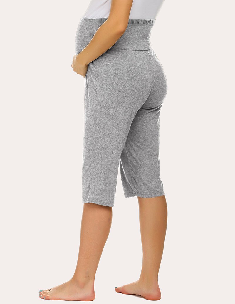 Maternity capri pants in light grey with side view, mid-calf elastic waist