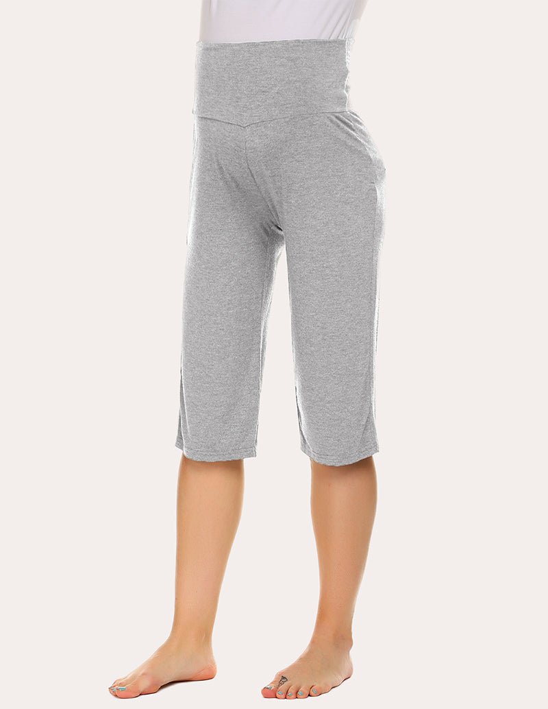 Maternity capri pants in light grey, mid-calf length with elastic waistband