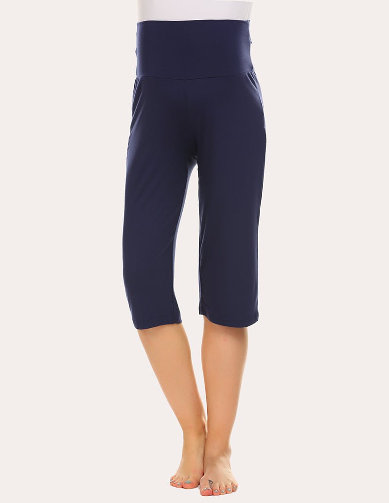 Navy maternity capri pants with elastic waist panel, cropped straight legs
