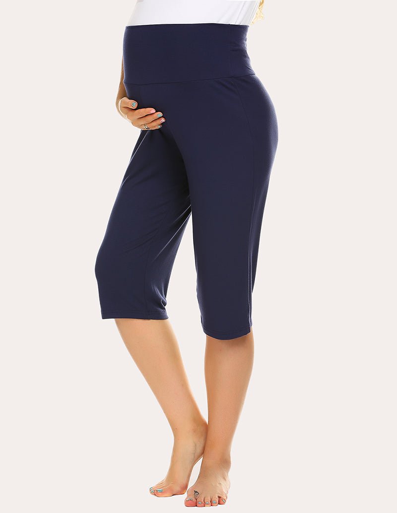 Maternity capri pants in navy, mid-calf length with elastic waistband