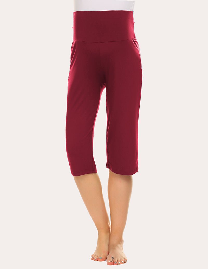 Wine red maternity capri pants, front view with elastic waist panel and capri hem