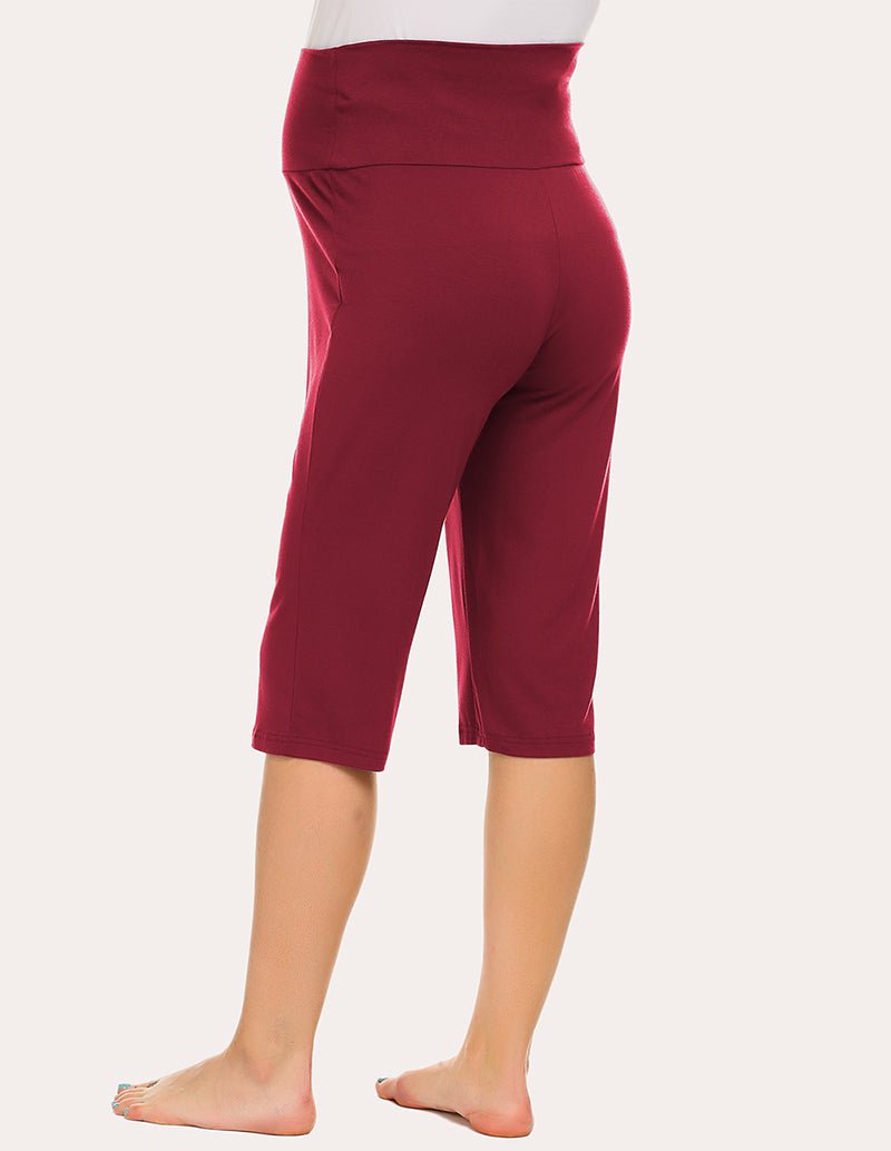 Wine red maternity capri pants, back view with elastic waist and knee-length hem