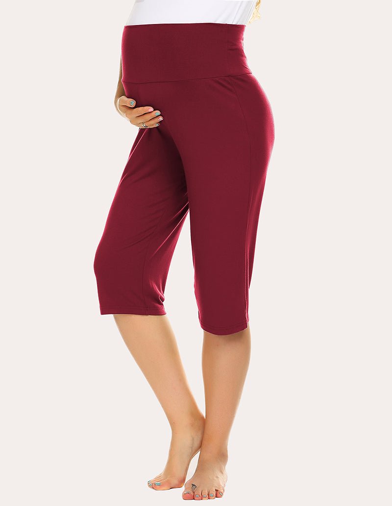 Wine red maternity capri pants with elastic belly panel, cropped straight legs