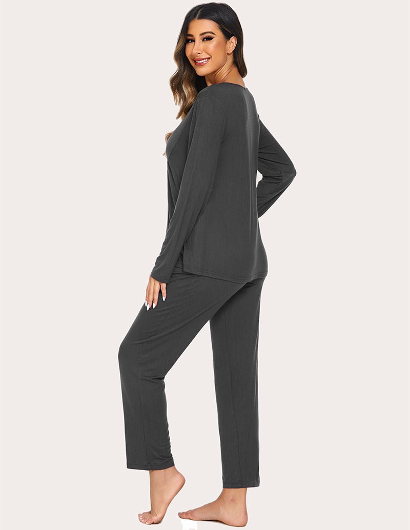 Maternity nursing top & pants set, dark grey, side view with draped front