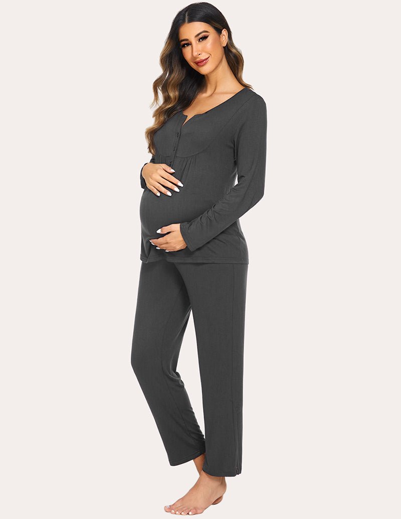 Maternity nursing top & pants set, dark grey, full-body front look