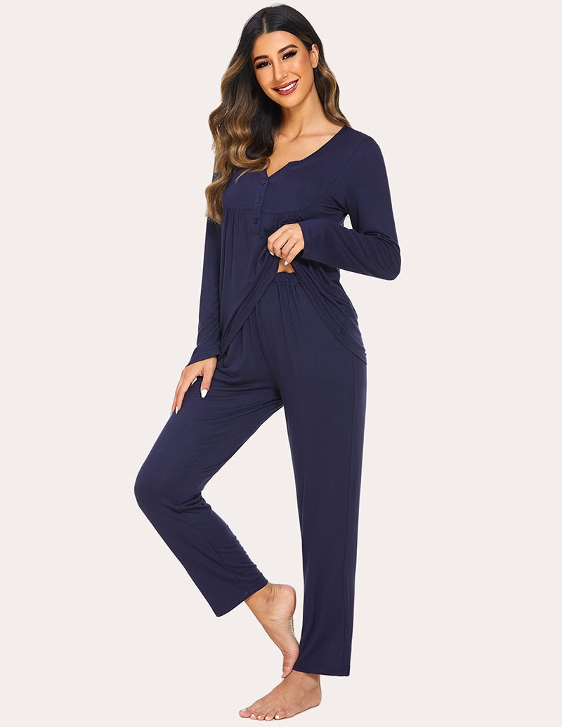 Maternity nursing top & pants set, navy blue, tapered ankle-length pants