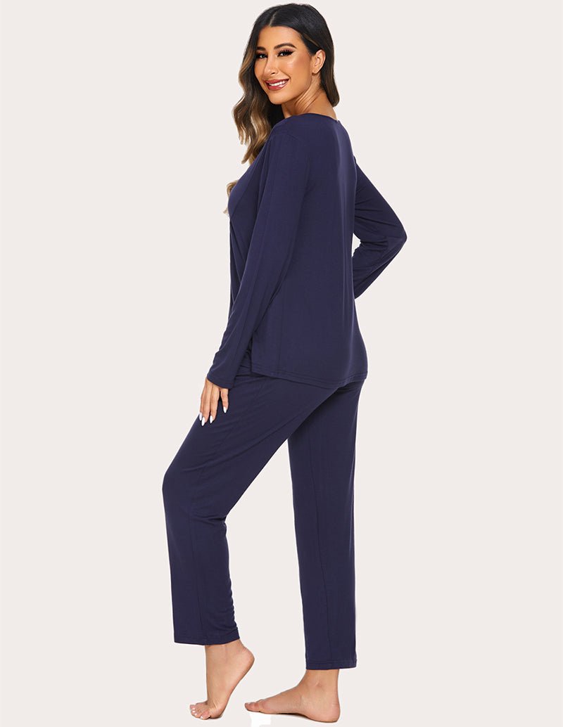 Maternity nursing top & pants set, navy blue, side view with draped top