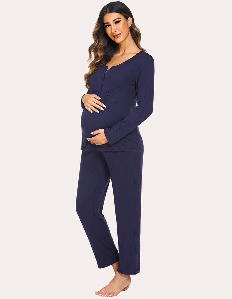 Maternity nursing top & pants set, navy blue, full-body front look