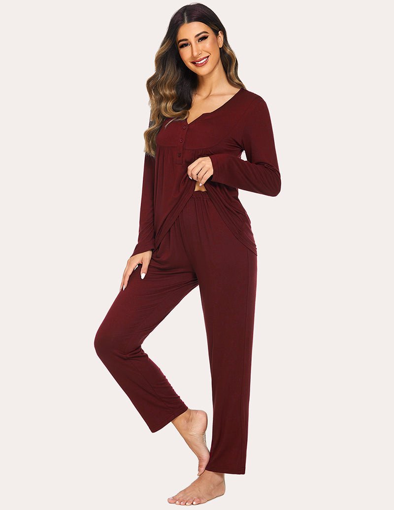Wine red maternity nursing top set with button-front detail and tapered ankle pants