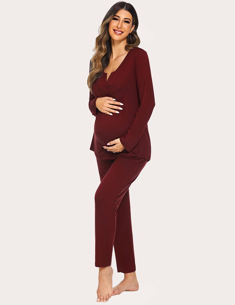 Wine red maternity nursing top and pants set, full-length front view, relaxed long sleeves