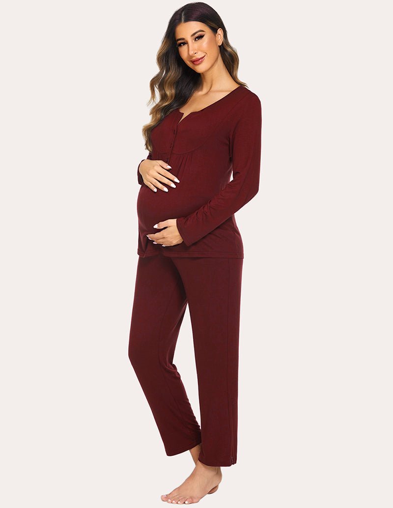 Wine red maternity top and ankle pants set with V-neckline and nursing button front