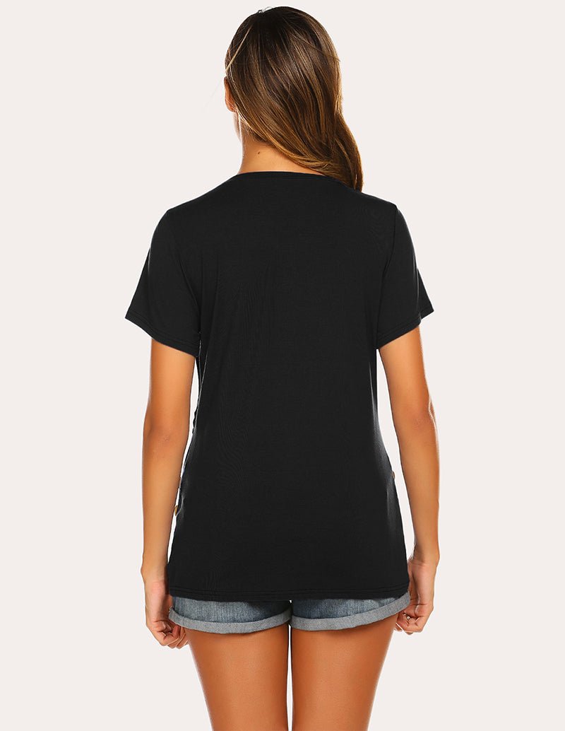 Maternity nursing top, short-sleeve black with back view and curved hem