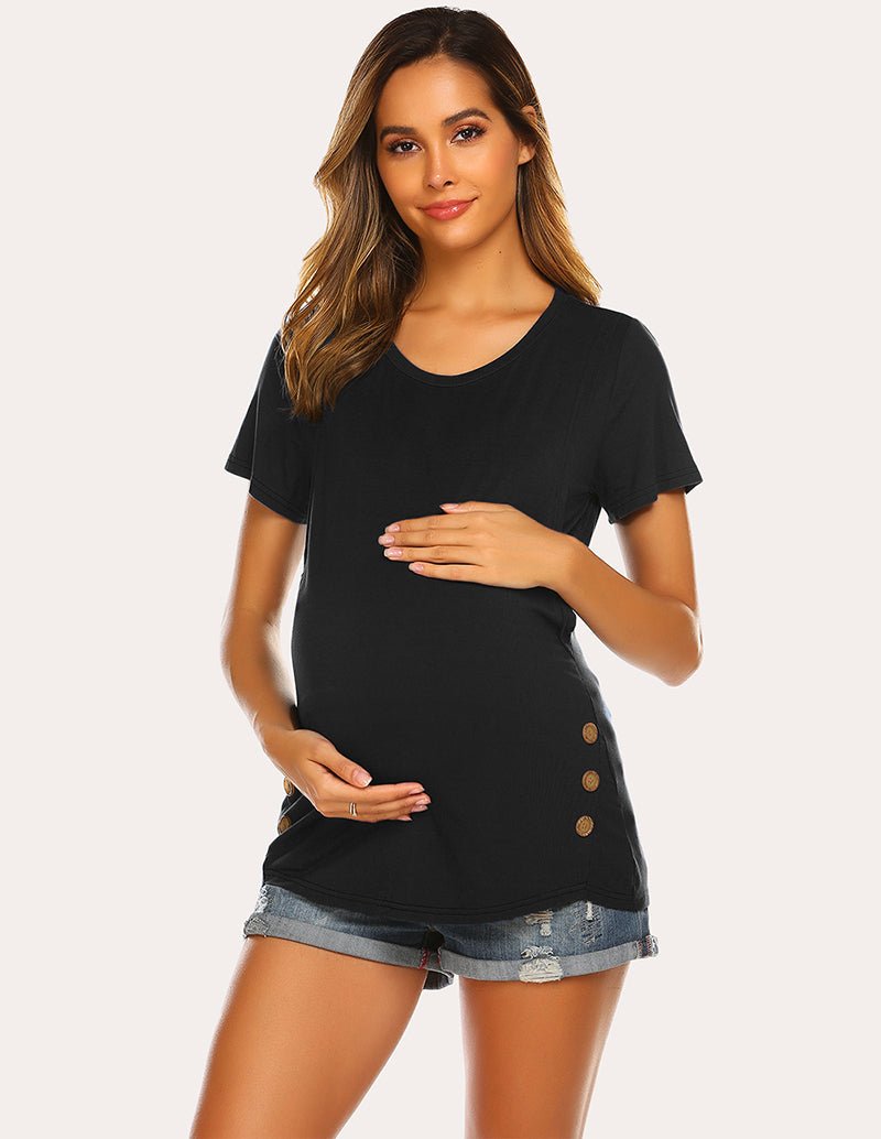 Maternity nursing top, short-sleeve black with front button details and scoop neckline