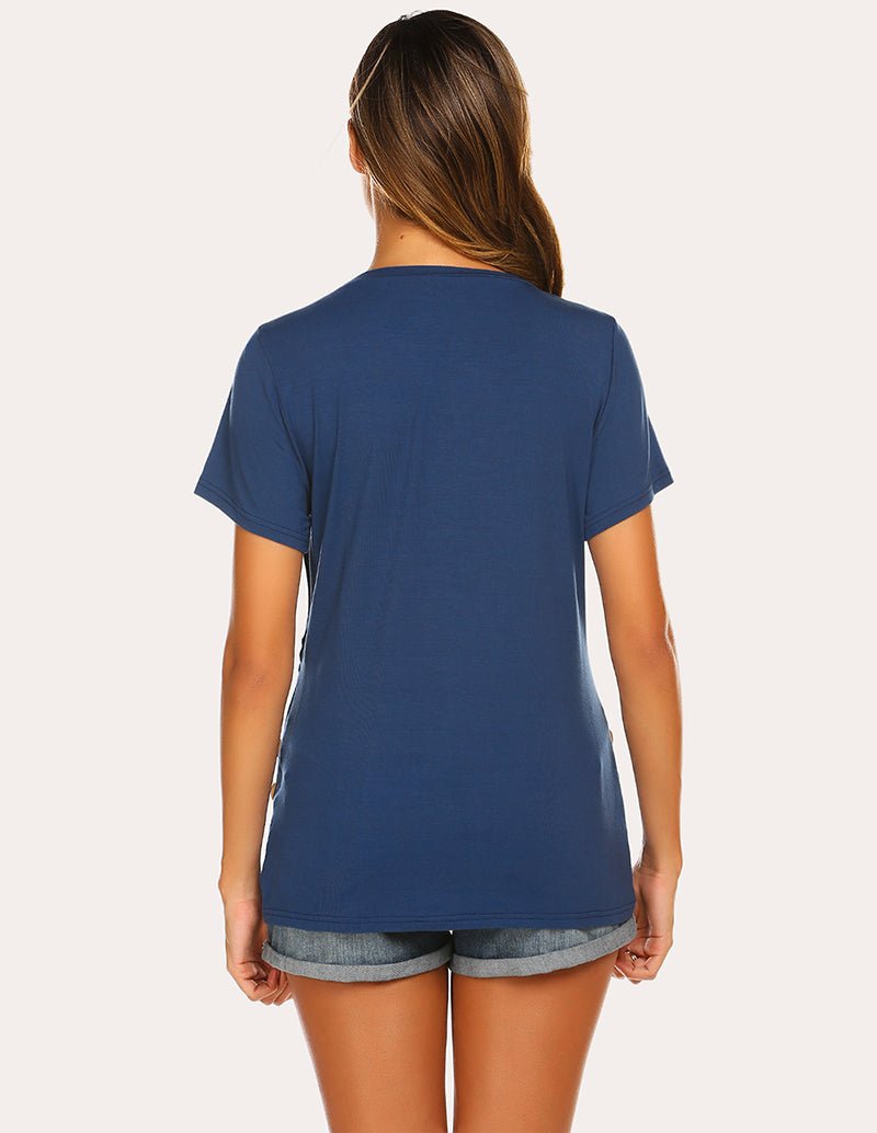 Maternity nursing top, short-sleeve navy with back view and curved hem