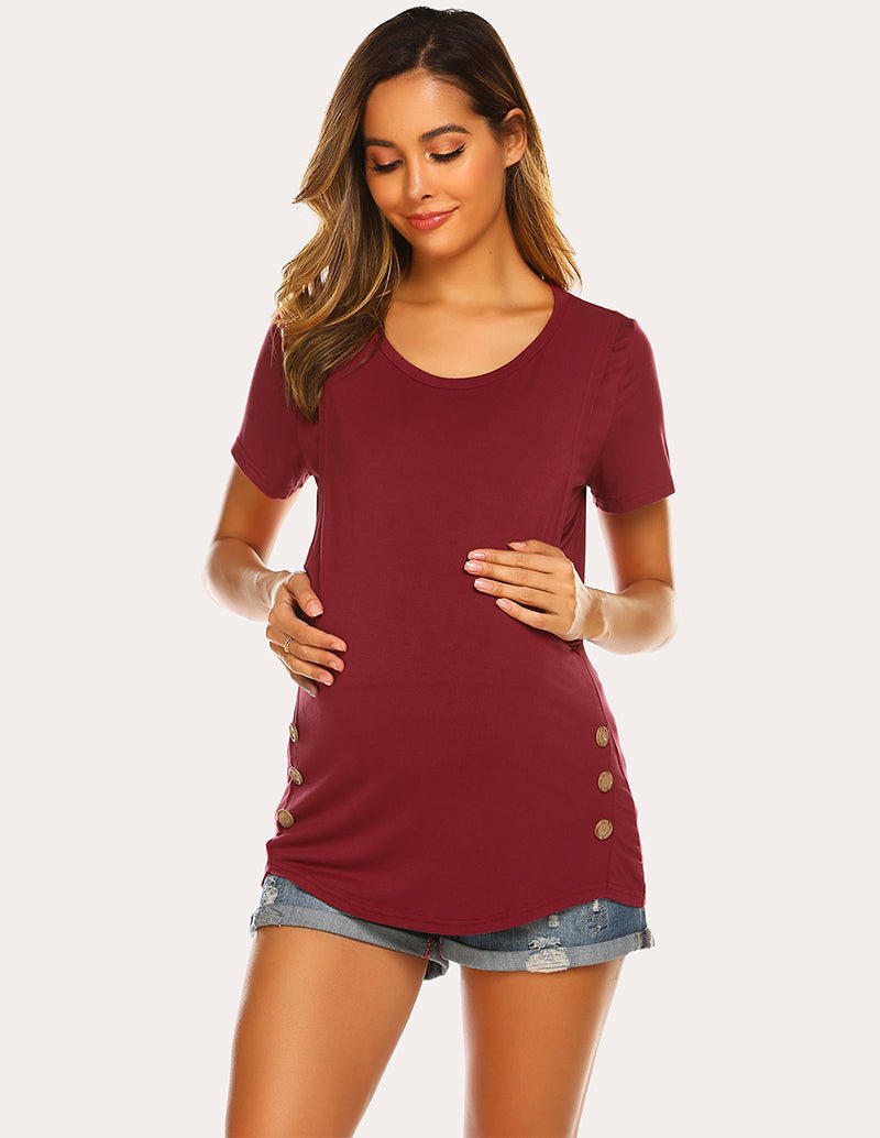 Wine red maternity nursing top with short sleeves and round neck, side button placket