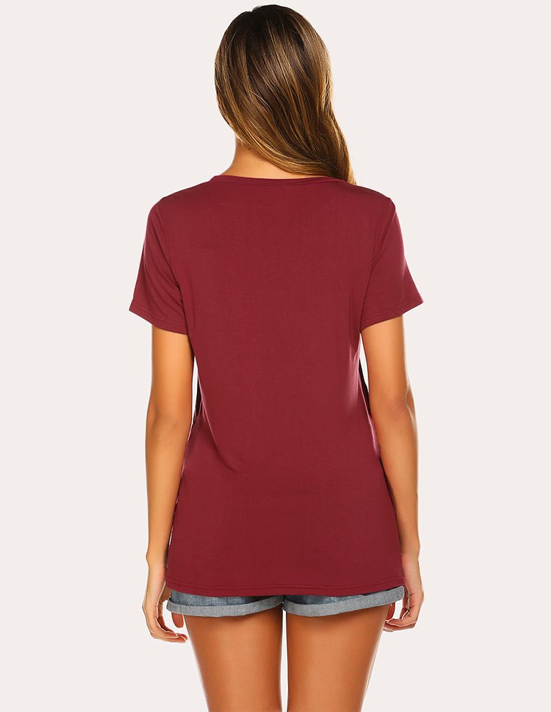 Wine red maternity nursing top with short sleeves, crew neck, buttoned side details