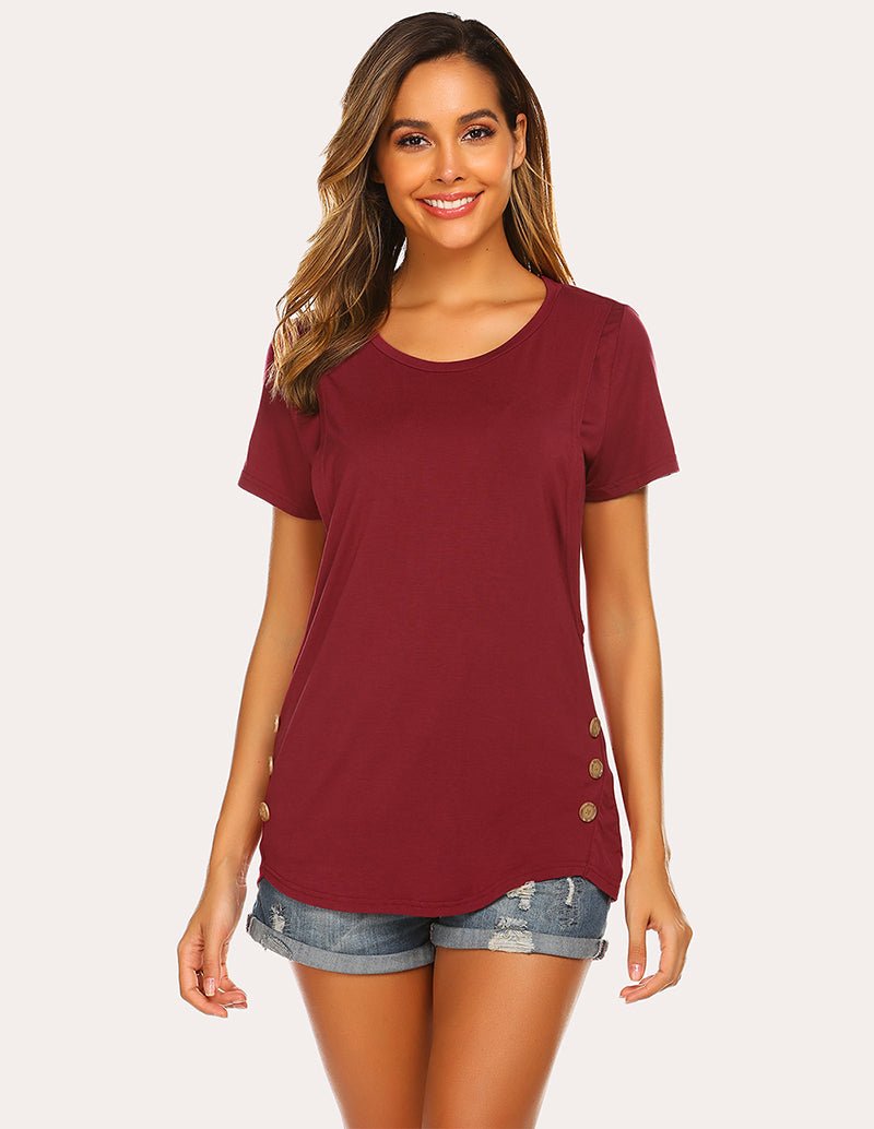 Wine red maternity nursing top with short sleeves, round neck, side snap buttons