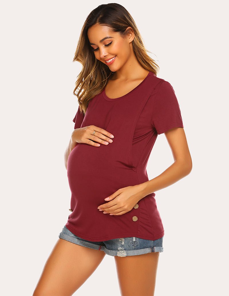 Wine red maternity nursing top with short sleeves, round neck, side button placket