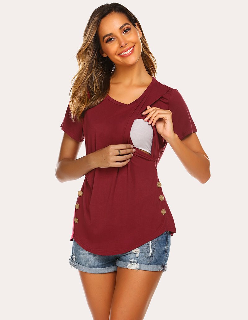 Wine red maternity nursing top with crew neck, short sleeves, side snap buttons