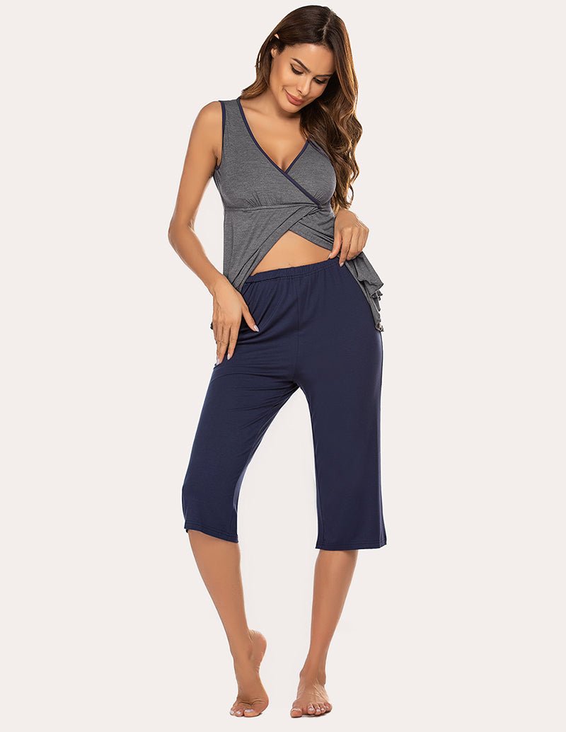 Graues Umstands-Schlafanzugtop mit Kreuzdetail und dunkelblaue Caprihose