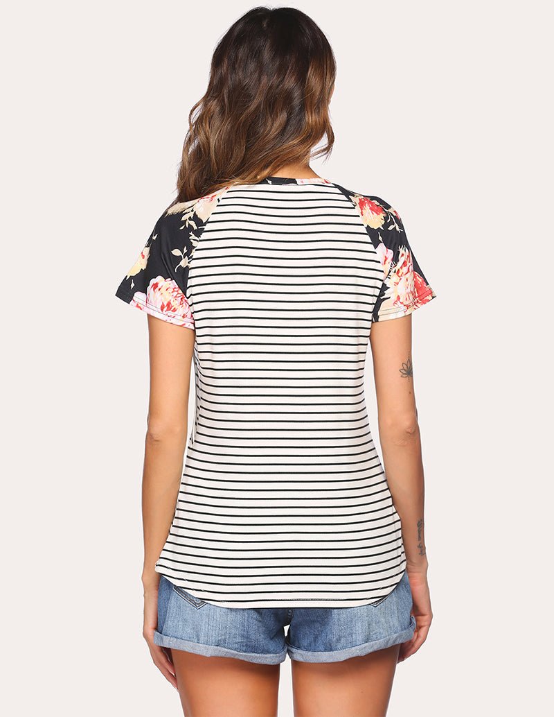 Maternity nursing top, back view: striped crew neckline with floral raglan sleeves