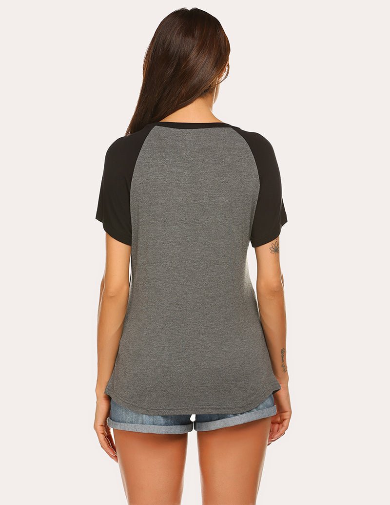 Back view maternity nursing top, grey with black raglan sleeves