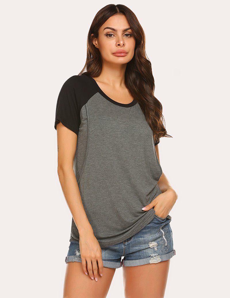 Maternity nursing raglan top, grey with dark raglan sleeves, crew neck