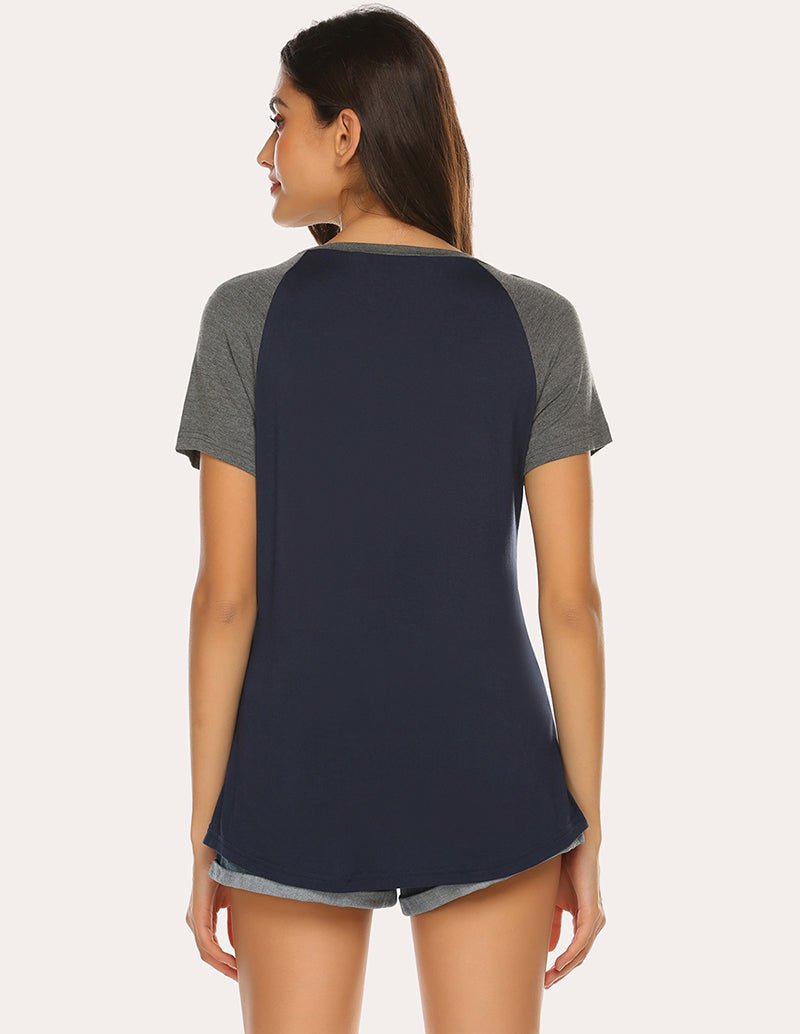 Maternity nursing raglan top, back view in navy with grey raglan sleeves