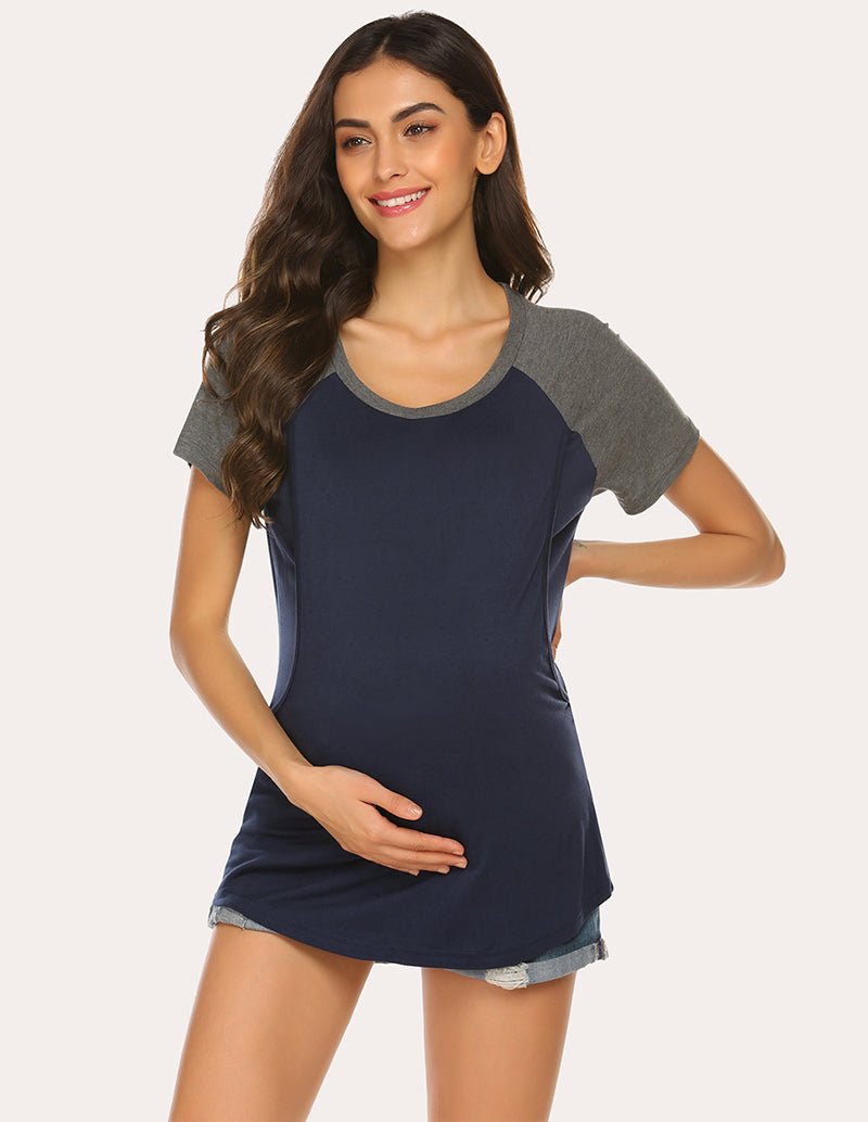 Maternity nursing raglan top, navy with grey raglan sleeves, crew neck