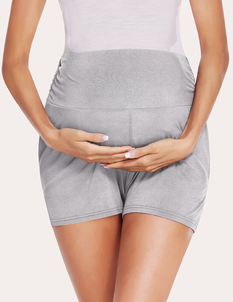 Light grey maternity shorts, back view with gathered tummy panel