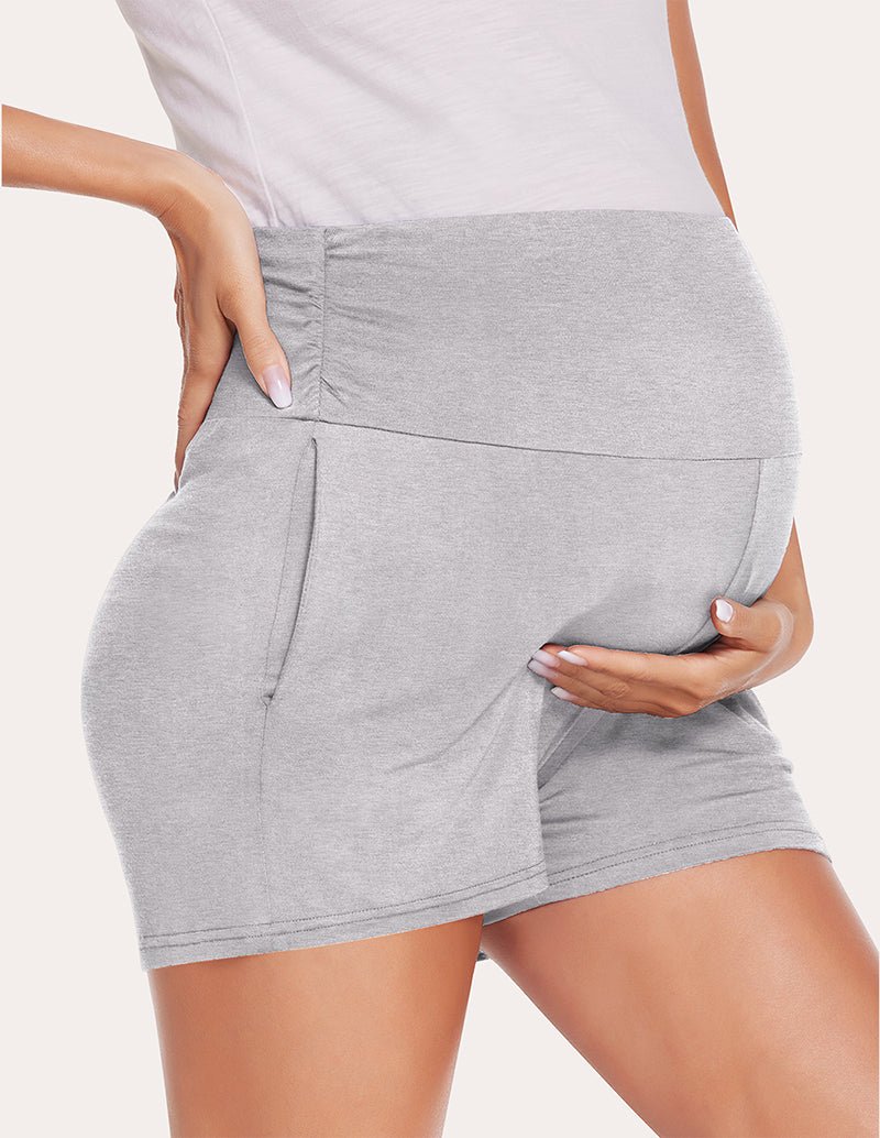 Light grey maternity shorts, side view with stitched front and back seams