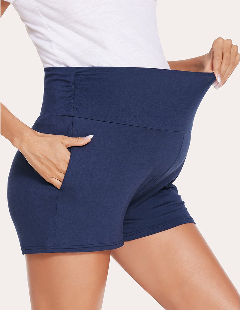 Navy maternity shorts front close-up with gathered fold-over waistband