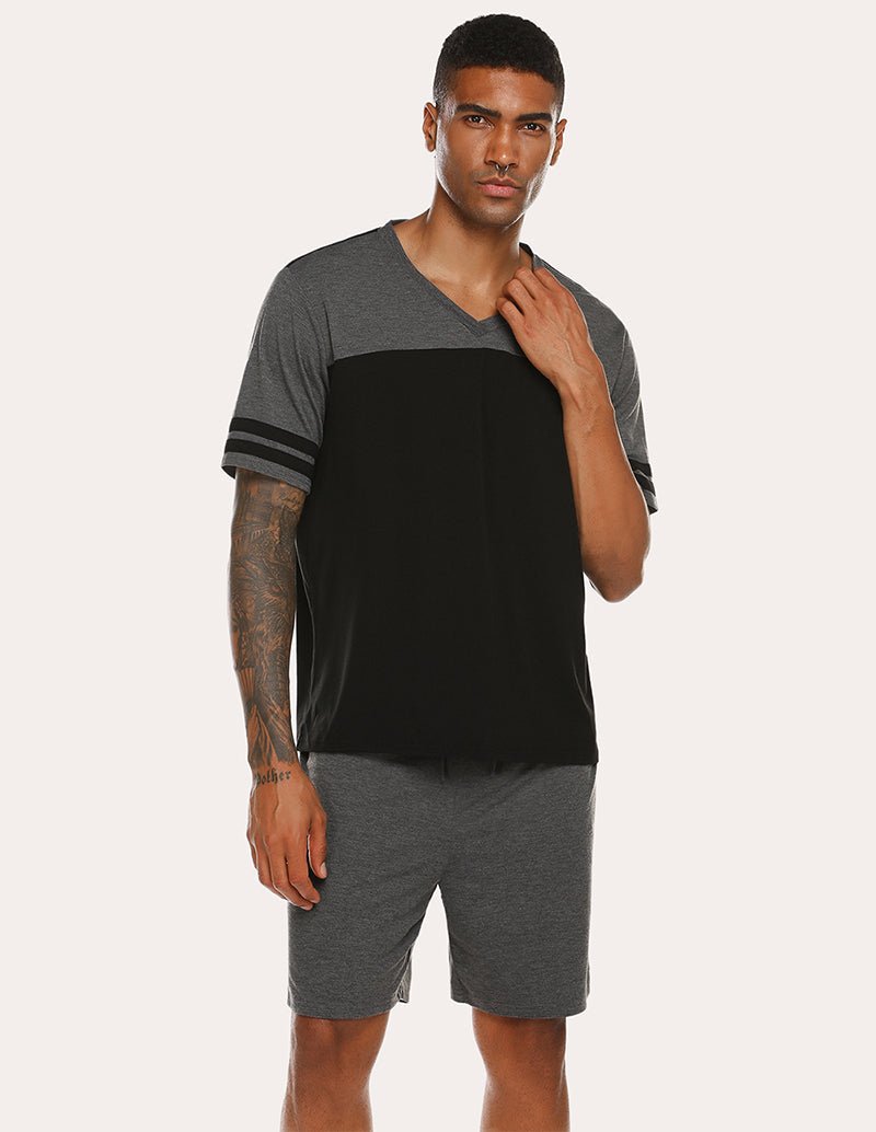 Men's contrast pajama set with black front panel and gray shorts