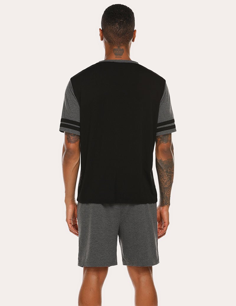 Kontrastfarbenes T-Shirt-Shorts-Set, Schwarz/Grau von hinten mit kurzen Ärmeln